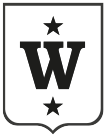 Svart og hvitt skjoldemblem med en stor bokstav "W" og to femspissede stjerner, designet av Tomasz Rostkowski.