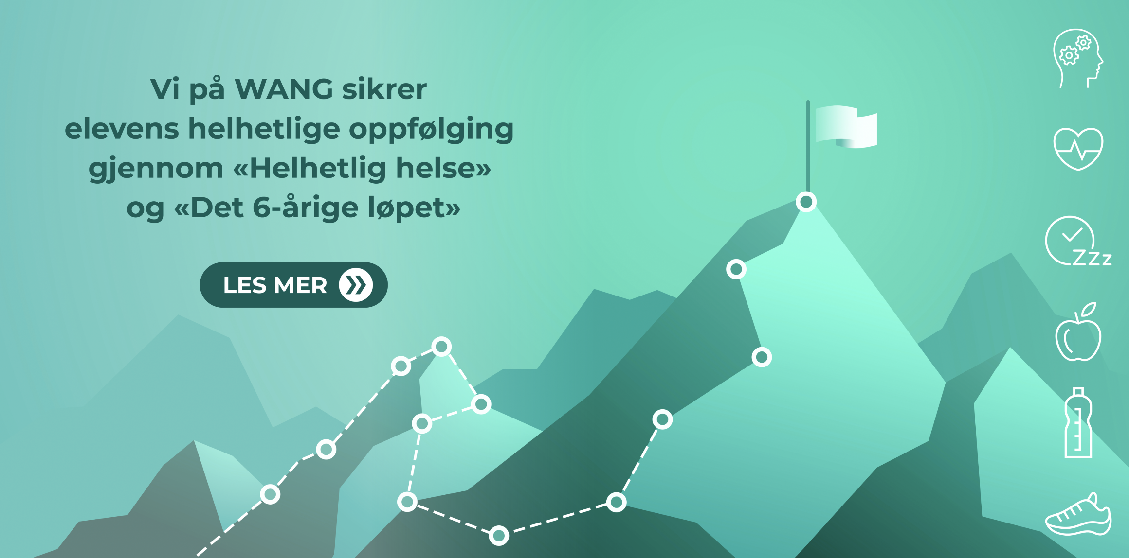 Reklamegrafikk på hjemmesiden i grønne toner som viser et fjellandskap med en stiplet sti som leder mot et flagg, ledsaget av helserelaterte ikoner og norsk tekst om helhetlige helseprogrammer.